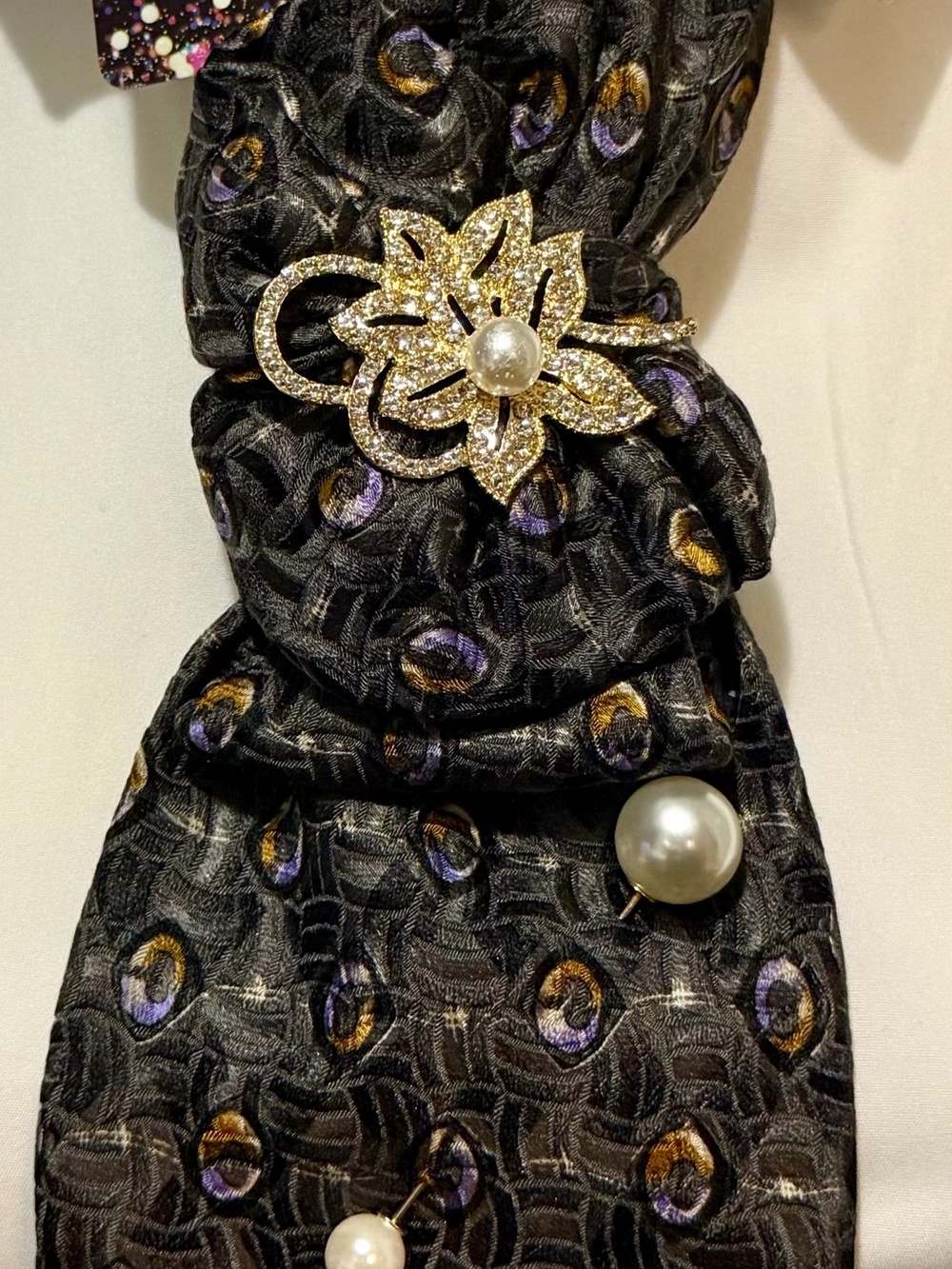 Black Patterned Silk Tie Necklace with Pearl and Gold Flower Pin